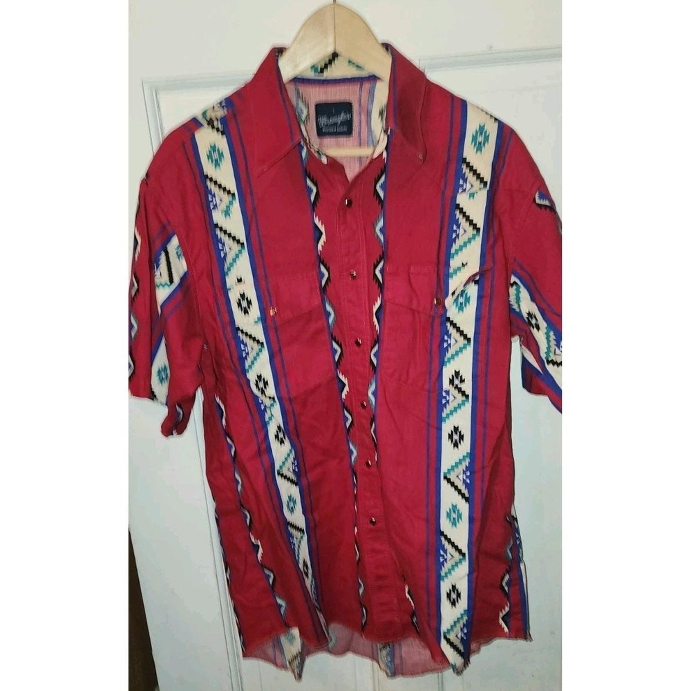 Vtg Wrangler Brushpopper Pearl Snap Short Sleeve Shirt Large Western Aztec Cowbo